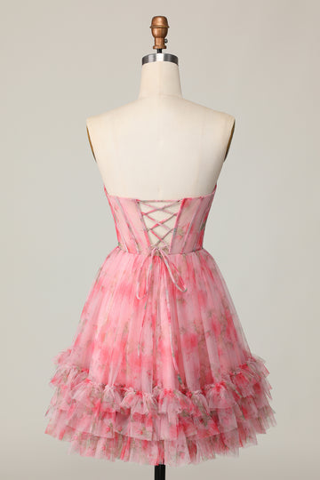 Floral Red A Line Strapless Printed Ruffled Homecoming Dress